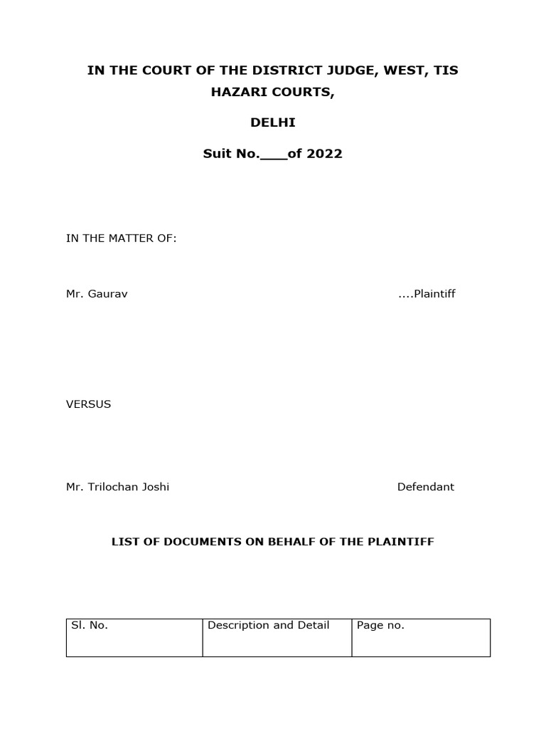 LIST OF DOCUMENTS format in civil suit PDF