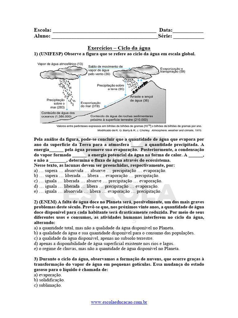 Exercícios sobre o Ciclo da Água | PDF | Ciclo da água | Água