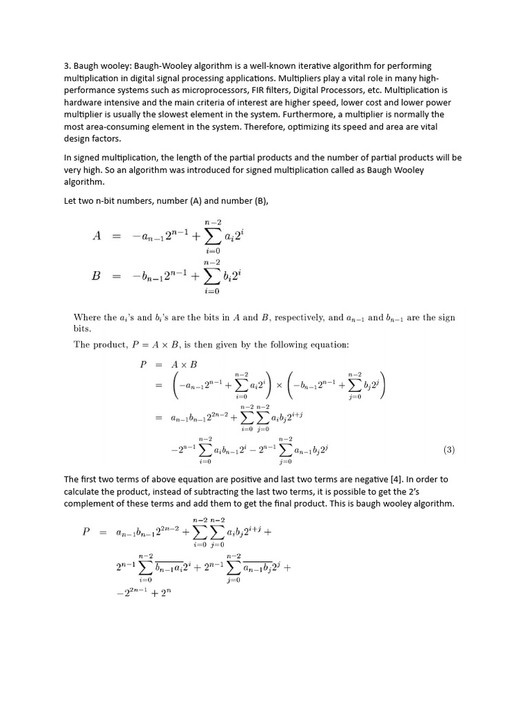 Baugh-Wooley Algorithm in DSP Multiplication | PDF
