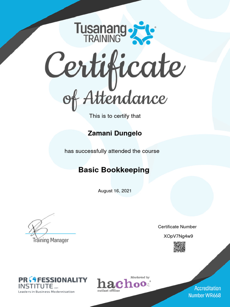 Basic Bookkeeping Certificate PDF