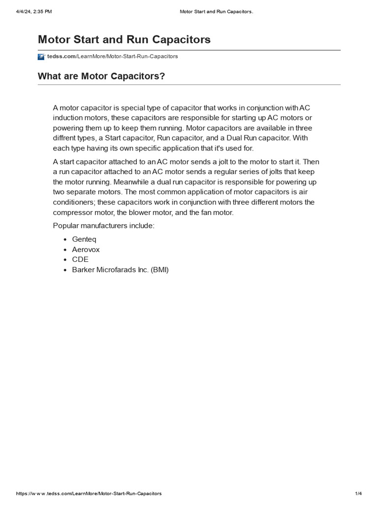 Motor Start And Run Capacitors Pdf Capacitor Electric Motor