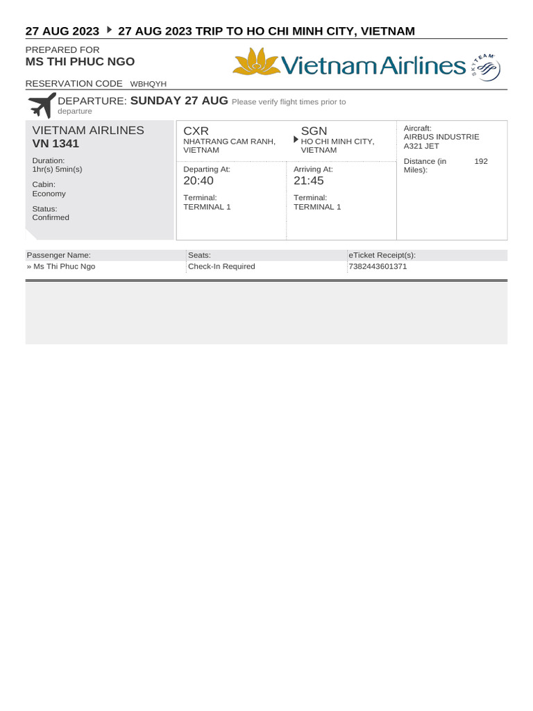 Vietnam Airlines Flight Confirmation | PDF