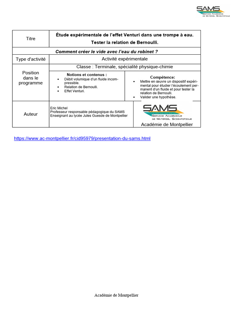 Effet Venturi et relation de Bernoulli PDF Pression Eau — free download