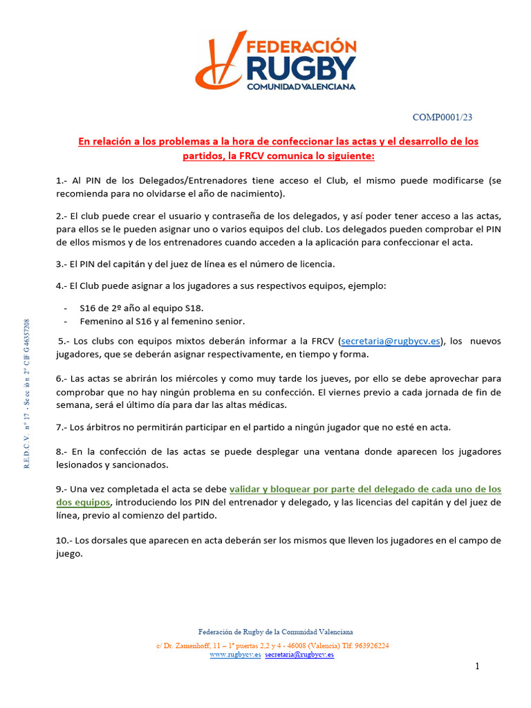 Normas para Actas en Rugby FRCV | PDF