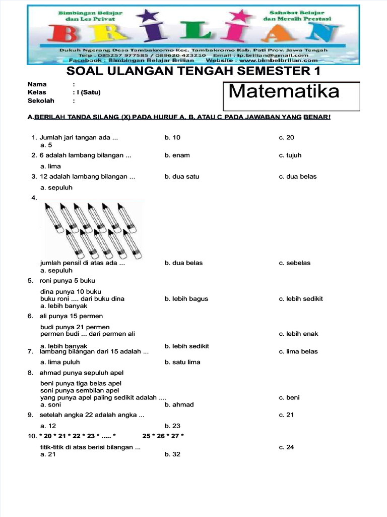 Pdf Soal Uts Matematika Kelas 1 Sd Semester 1 Ganjil Dan Kunci Jawaban