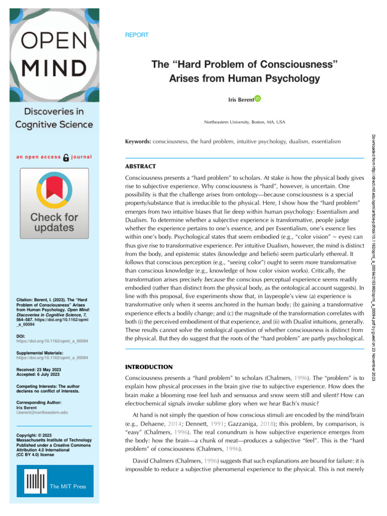 Berent, Iris - 2023 - The 'Hard Problem of Consciousness' Arises From ...
