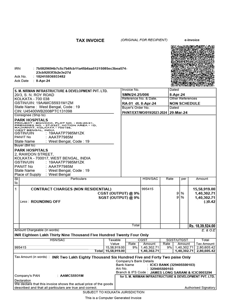 Tax Invoice for Park Hospitals | PDF | Taxes | Public Finance