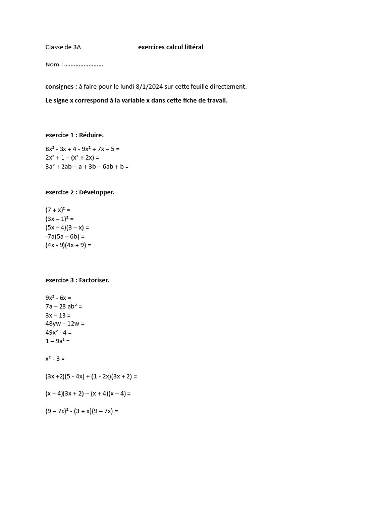 Exercices de calcul littéral 3A | PDF