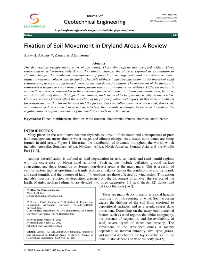 Fixation of Soil Movement in Dryland Areas: A Review | PDF | Earth ...