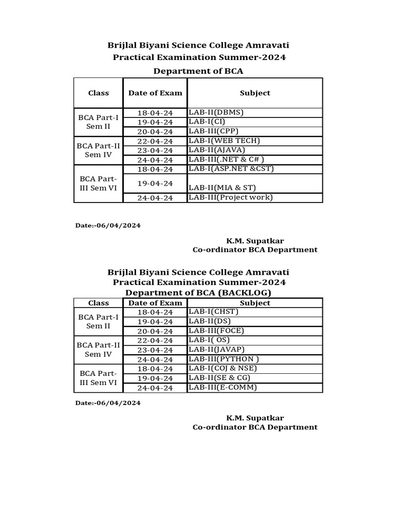 BCA Summer 2024 Practical Exam Schedule | PDF