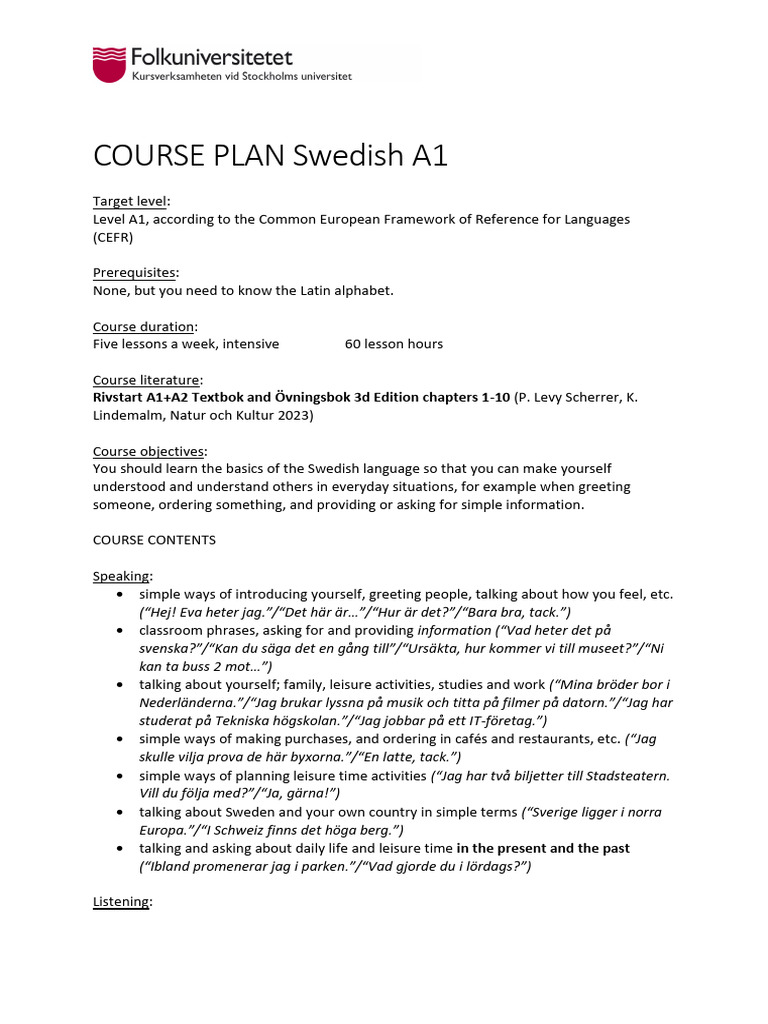 Course Plan Swedish A1 - Sep 2023 | PDF