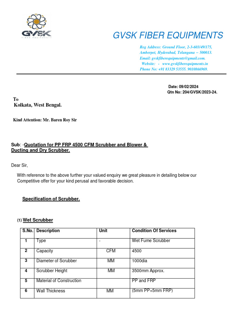Quotation for 4500 CFM Scrubber & Blower | PDF | Pump | Gases