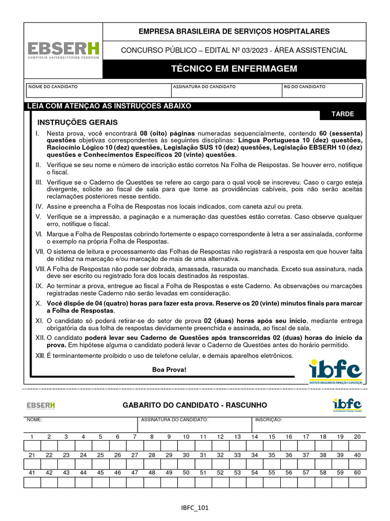 Ibfc 2023 Ebserh Tecnico em Enfermagem Prova | PDF | Enfermagem | Setor ...