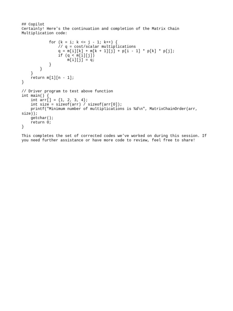 Matrix Chain Multiplication Code Example | PDF