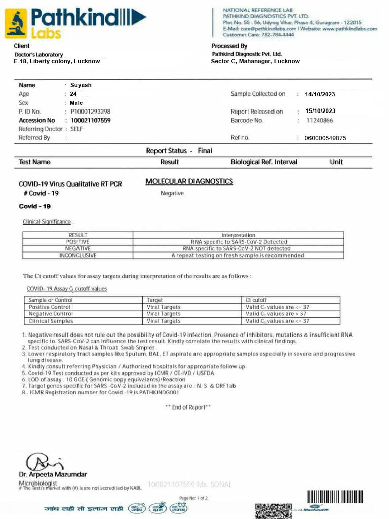 Pathkind COVID-19 Test Report Summary | PDF | Genetics | Biochemistry