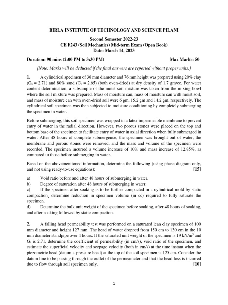BITS Pilani Soil Mechanics Midterm Exam | PDF | Soil Mechanics ...
