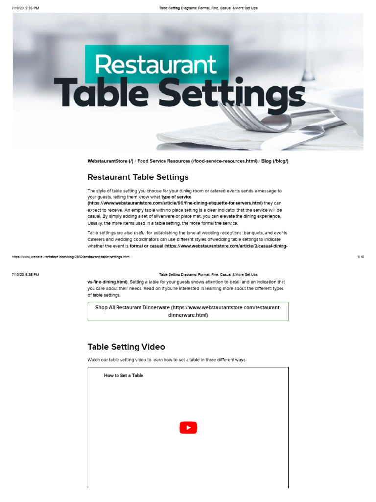 Table Setting Diagrams - Formal, Fine, Casual & More Set Ups | PDF