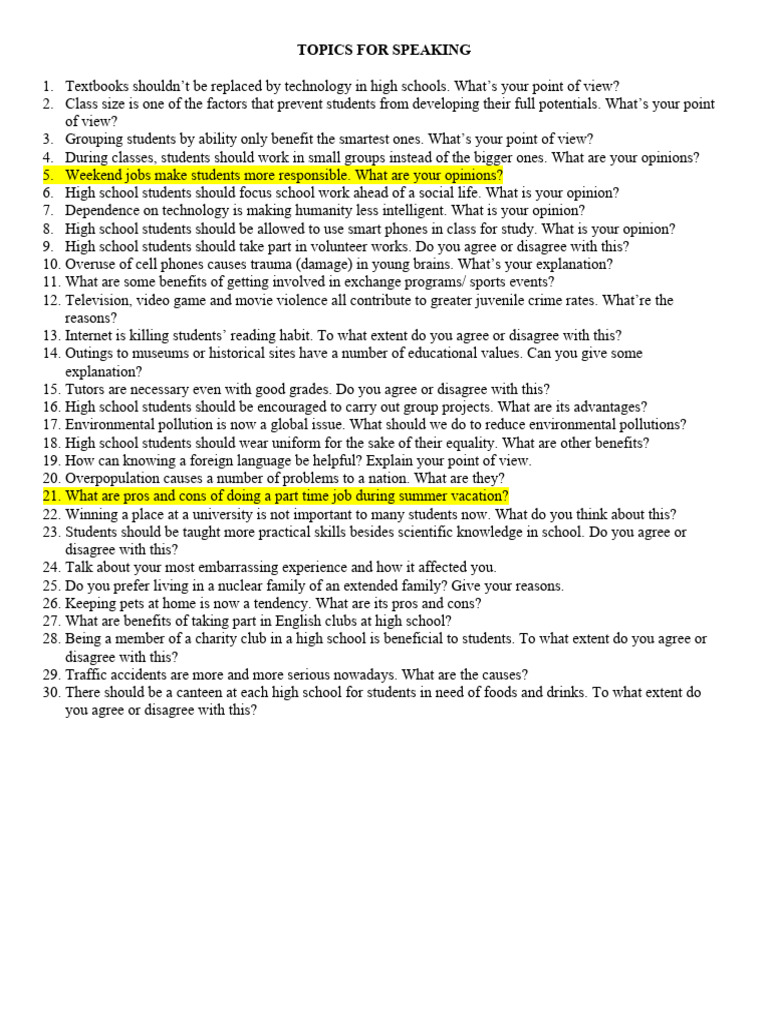 Topics For Speaking 22-23 | PDF | Career & Growth | Social Science