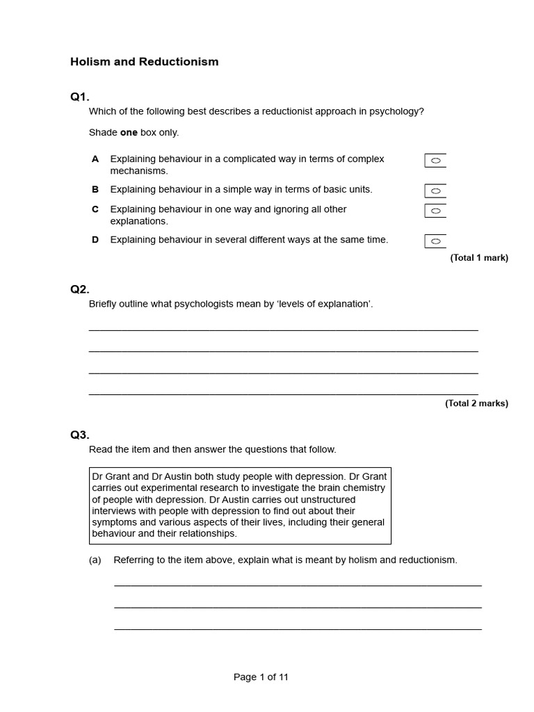 Evaluating Holism and Reductionism in Psychology | PDF | Holism ...