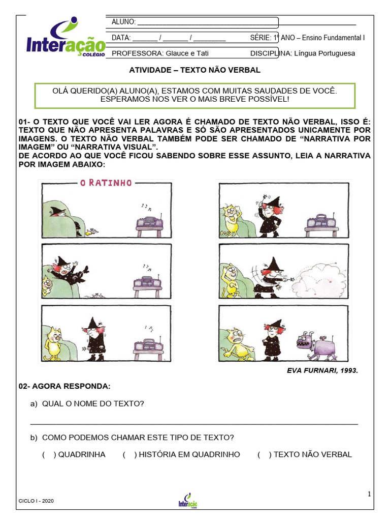 Atividade de Texto Não Verbal para 1º Ano | PDF | Gatos