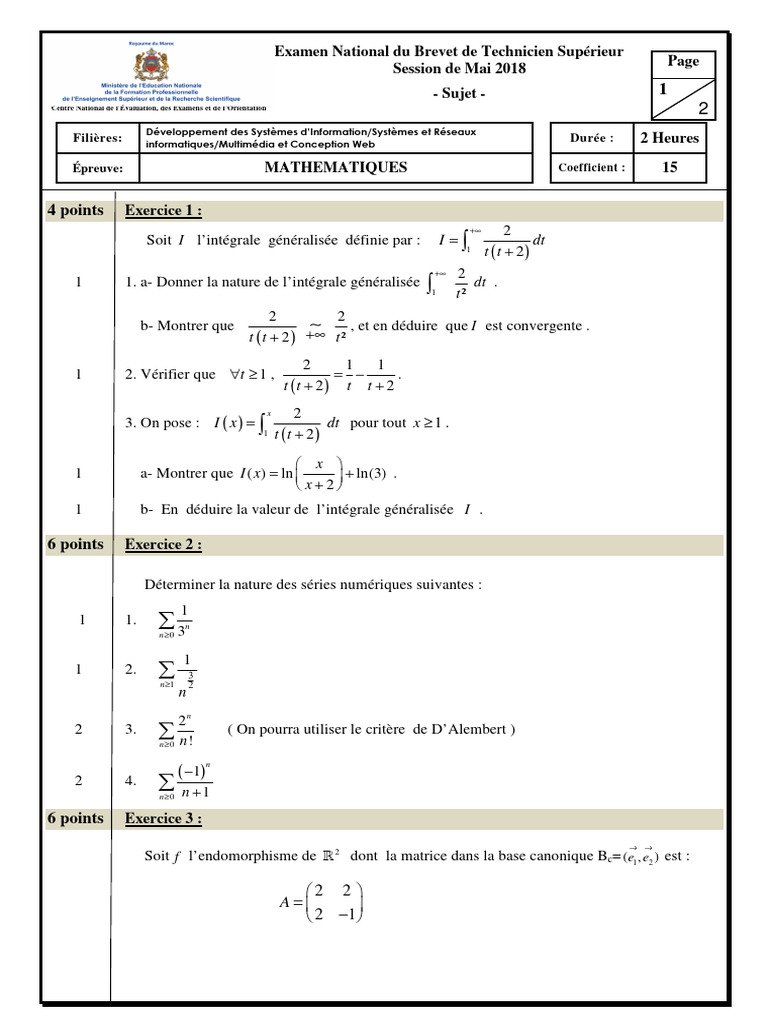 Sujet Maths BTS Mai 2018 | PDF | Matrice (Mathématiques) | Concepts ...