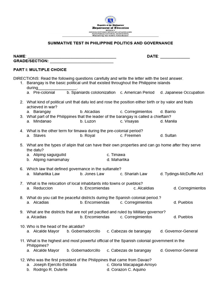 Philippine Politics and Governance Test | PDF | President Of The ...