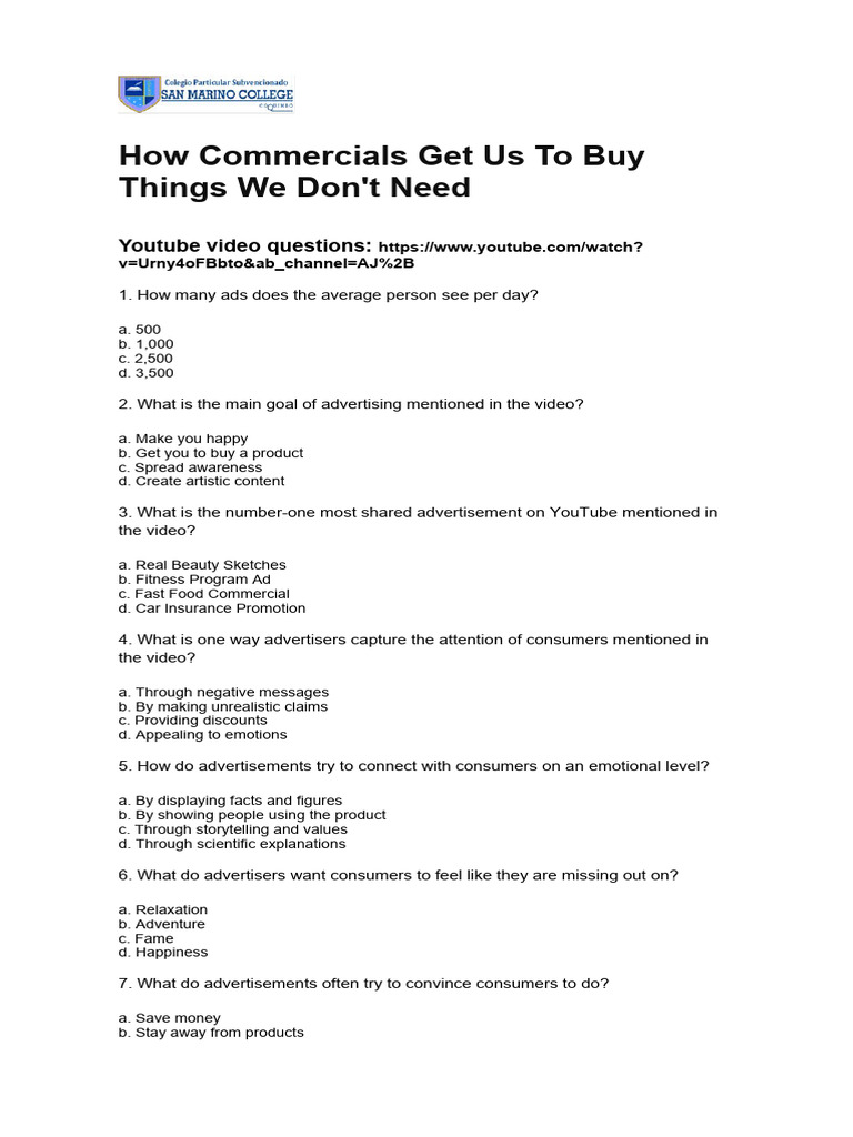 How Commercials Get Us To Buy Crap We Don't Need Video Questions | PDF ...