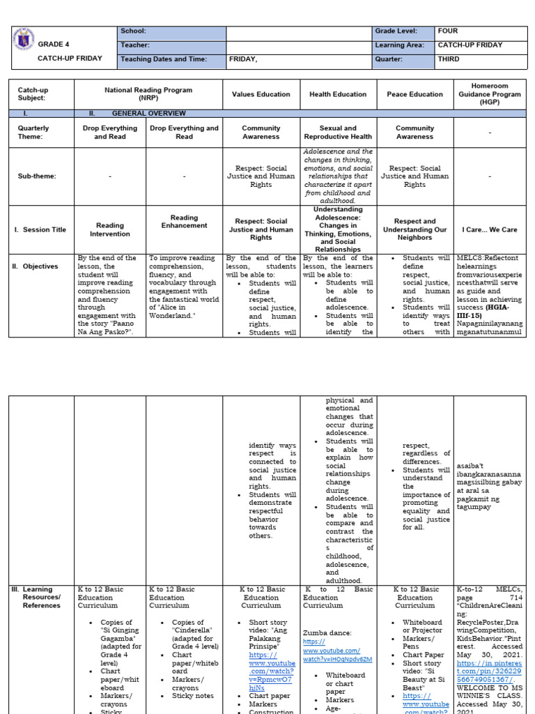 Week 7 catch up friday grade 4 pdf reading comprehension adolescence