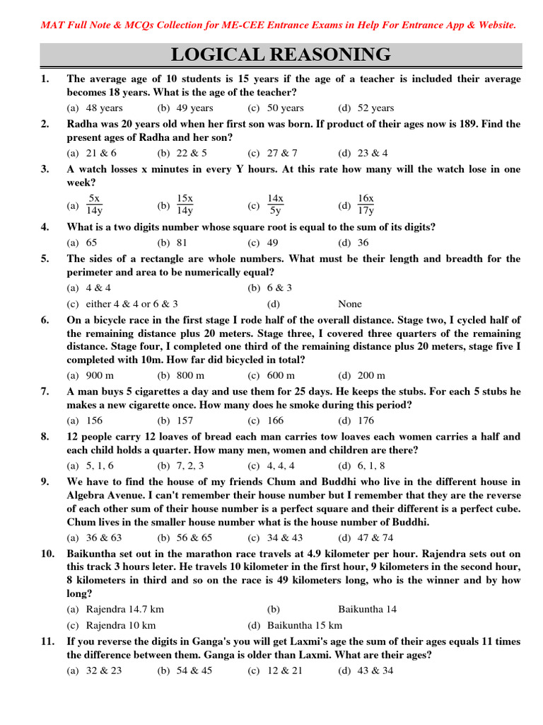 MAT MCQs for ME-CEE Entrance Exam | PDF | Triangle | Elementary Mathematics