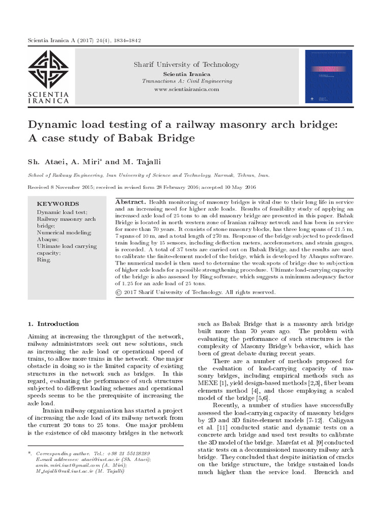 Dynamic Load Testing Of A Railway Masonry Arch Bridge Pdf Bridge