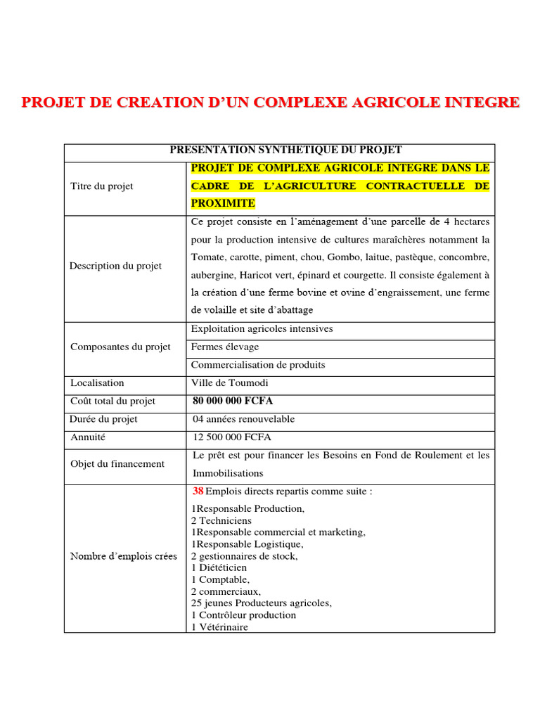 Projet de Complexe Agricole Intégré | PDF | Valeur actuelle nette ...
