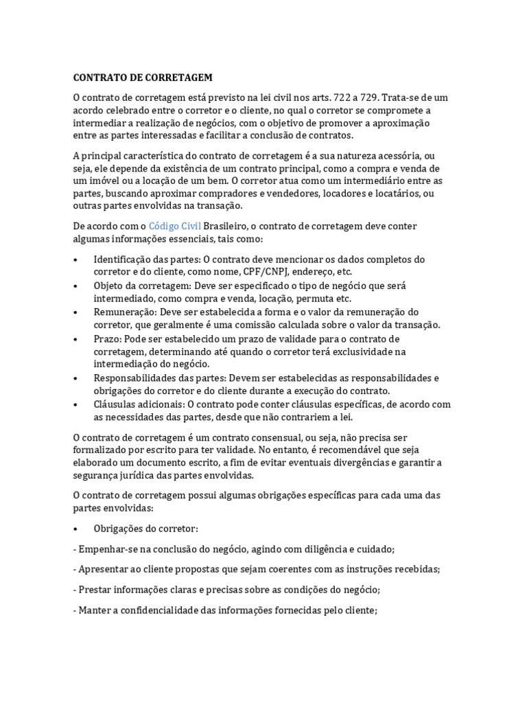 Modelo de Contrato de Corretagem | PDF | Direito Comum | Direito Civil ...
