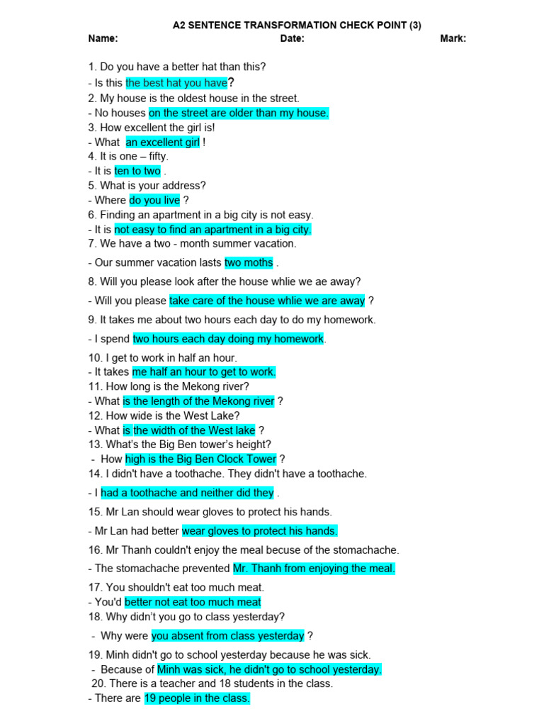 A2 Sentence Transformation Exercises | PDF