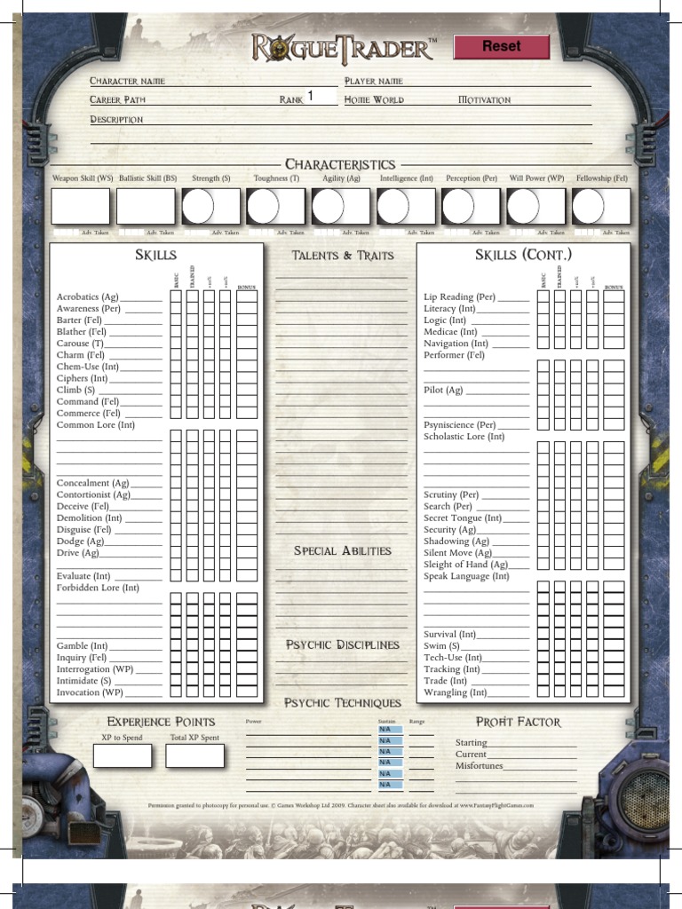 Rogue Trader Character Sheet Official Editable Leisure