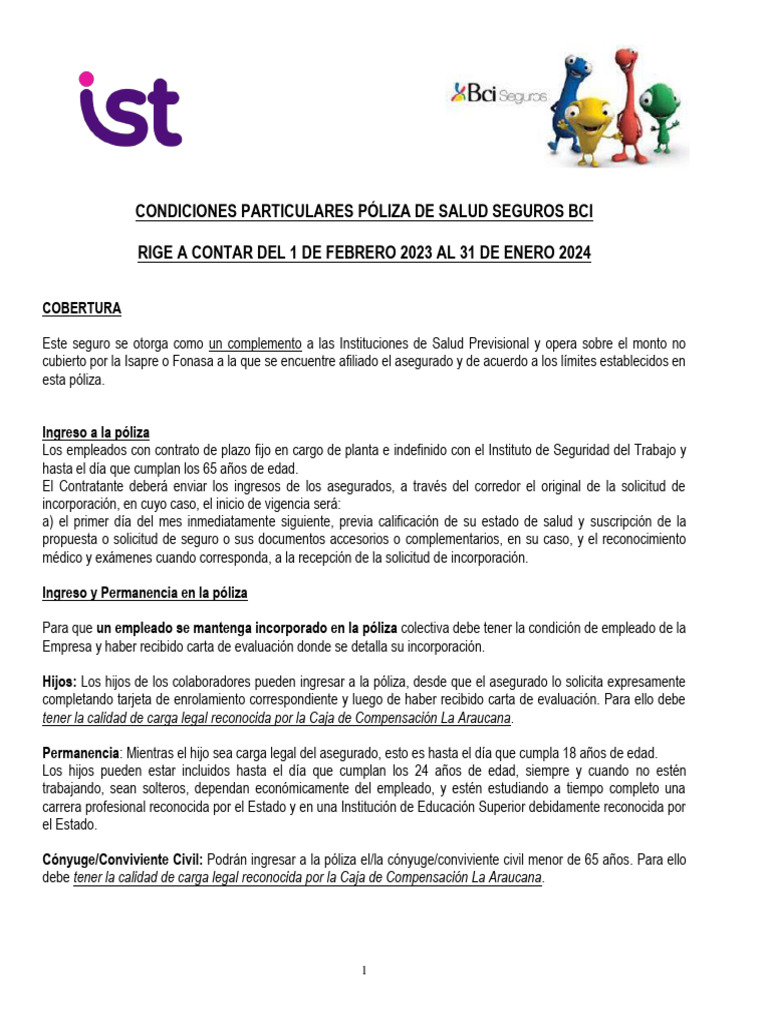 Bci Condiciones Particulares 2023 PDF P liza De Seguros Odontolog a