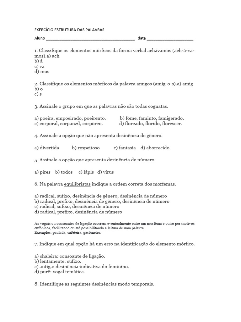Exercícios sobre Estrutura das Palavras | PDF | Gramática | Idiomas