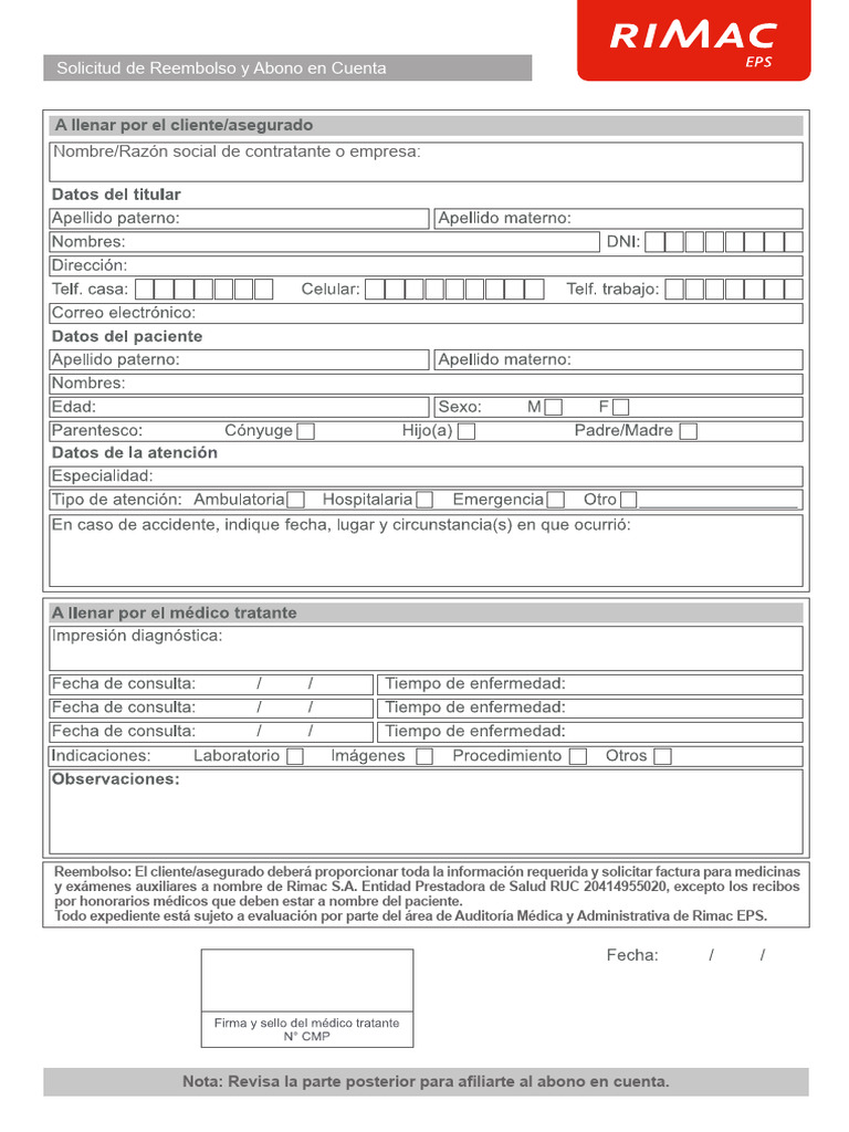 SOLICITUD REEMBOLSO AMBULATORIO-HOSPITALARIO EPS Rimac | PDF | Bancos ...