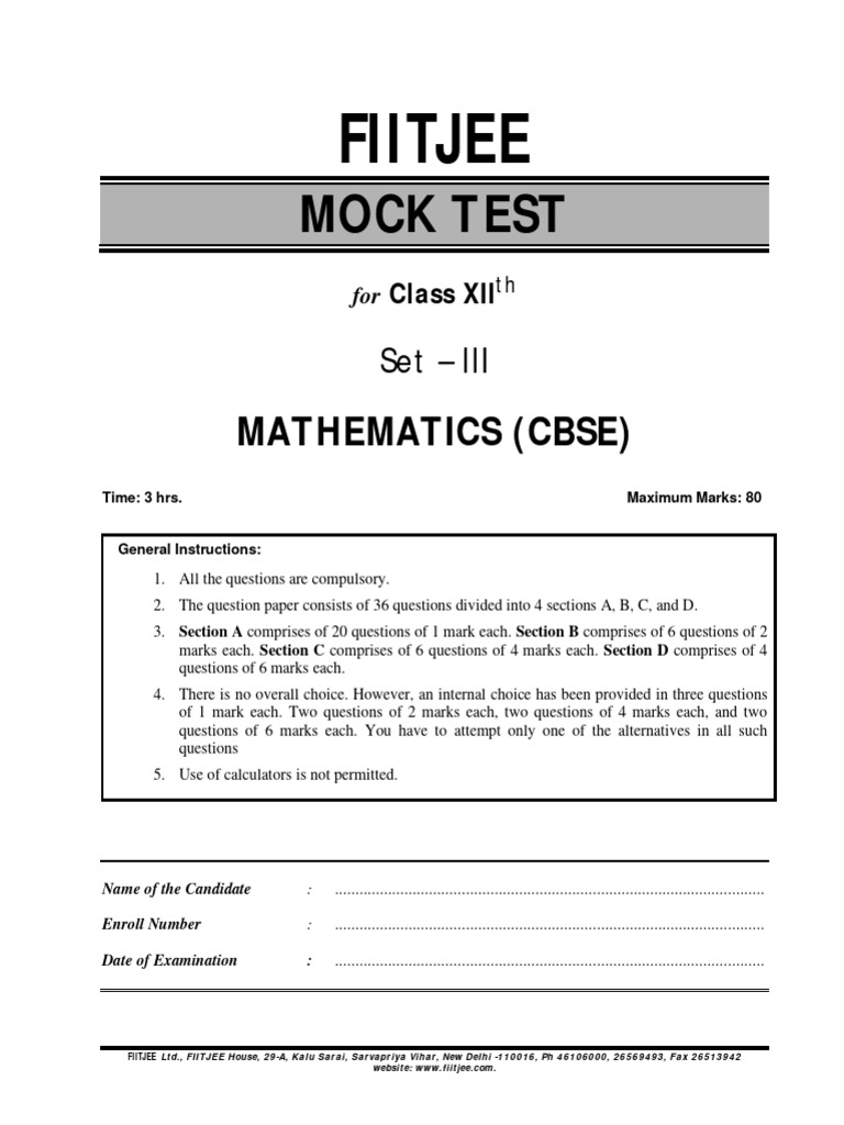Class 12 CBSE Math Mock Test Set 3 | PDF | Tangent | Function (Mathematics)
