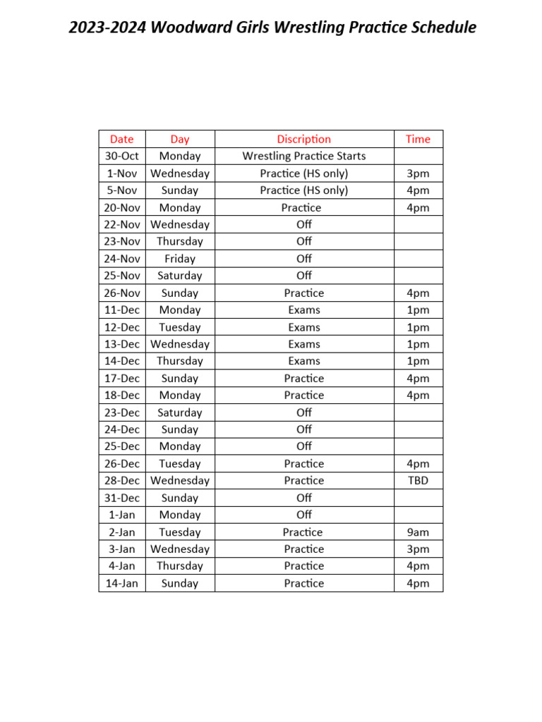 2023 2024 Woodward Girls Wrestling Practice Dates Pdf
