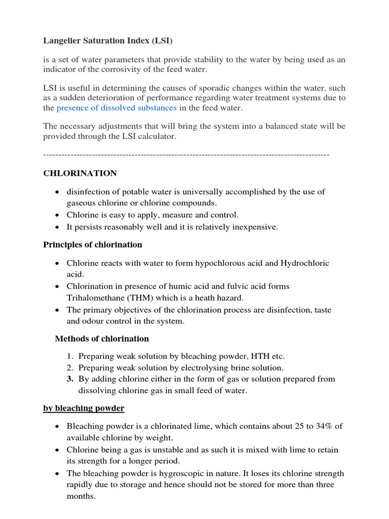 Unit 4 - chlorination | PDF | Chlorine | Materials
