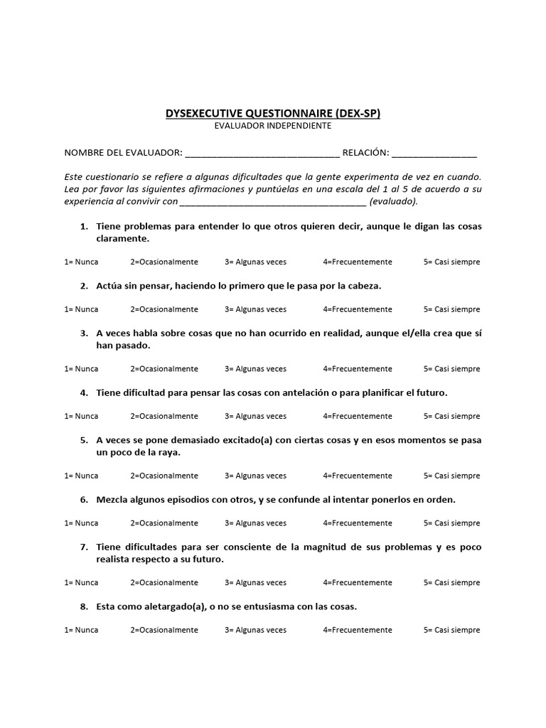 Cuestionario DEX-SP: Evaluación de Dificultades Ejecutivas | PDF ...
