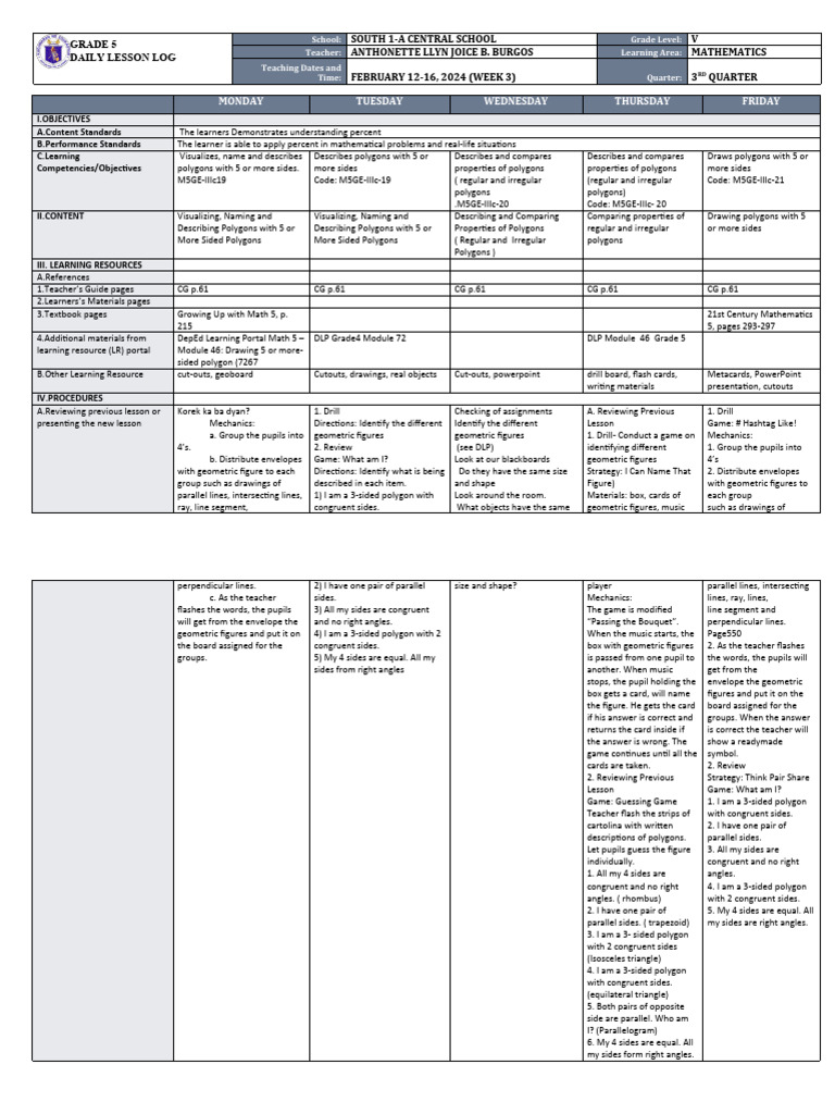 Grade 5 Math: Polygons Week 3 Plan | PDF | Triangle | Shape
