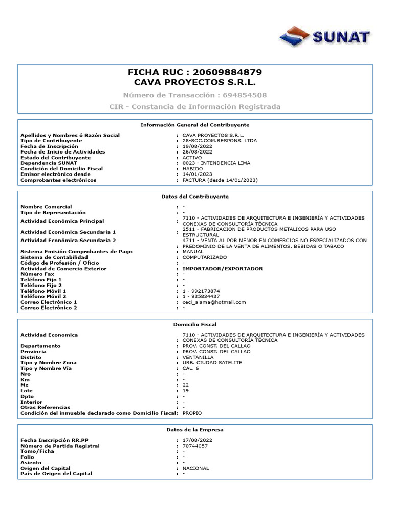 CAVA PROYECTOS S.R.L. - Ficha RUC | PDF | Industrias de servicio