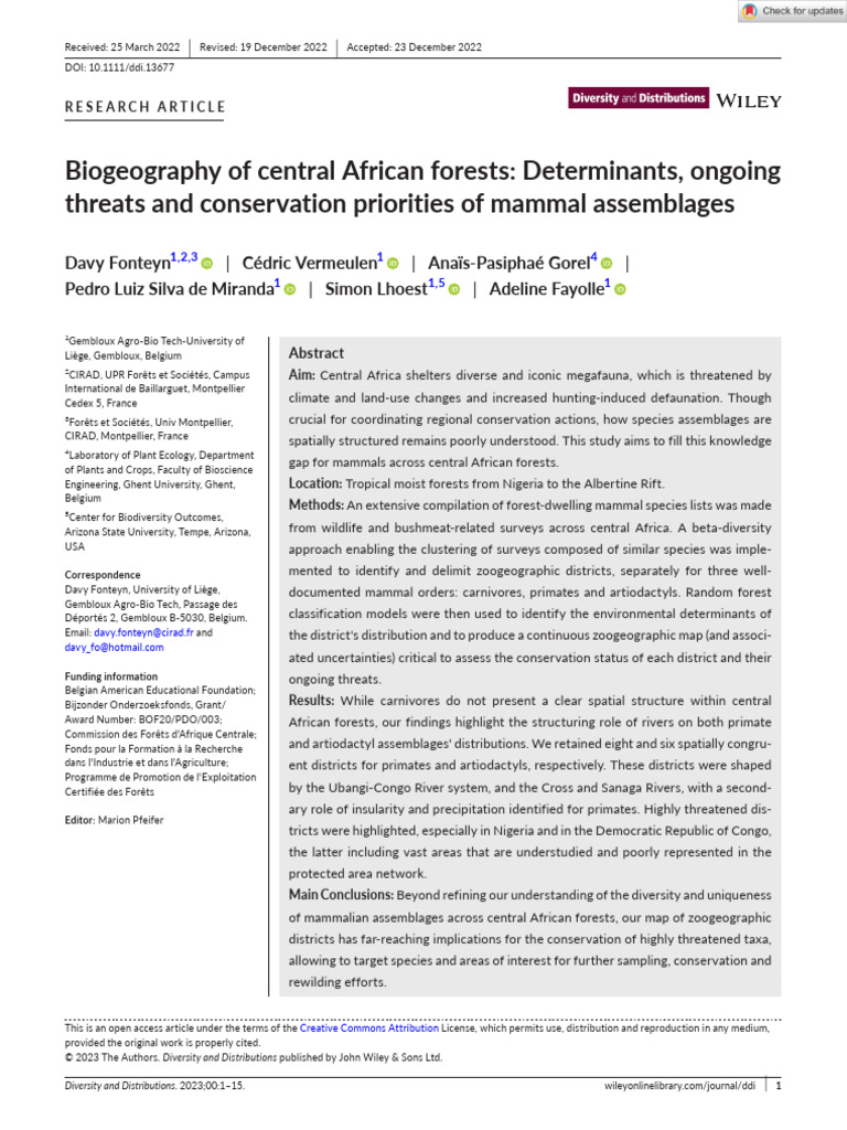 Central African Forest Mammal Biogeography | PDF | Protected Area | Species