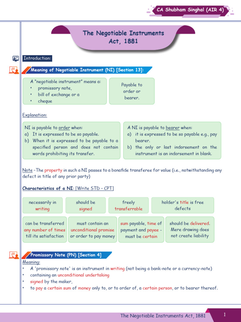 Negotiable Instruments Act 1881 Overview | PDF | Negotiable Instrument ...