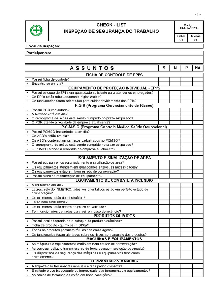 CheckList Inspecao Segurança COMPLETO | PDF