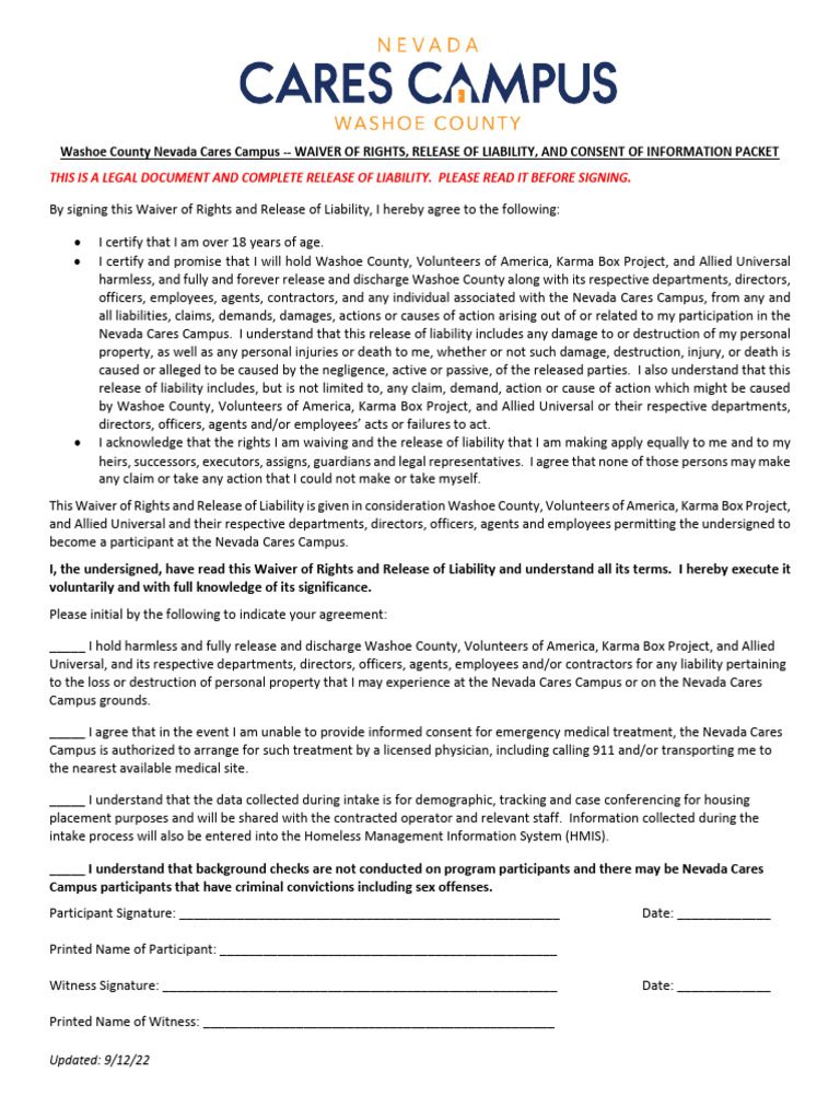 Nevada Cares Campus Liability Waiver | PDF | Legal Liability | Sexual ...