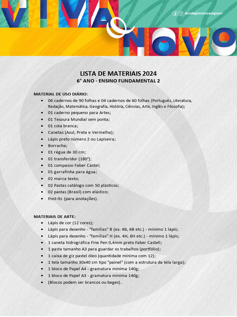 Lista de Materiais - 6ºano - Fundamental 2 | PDF