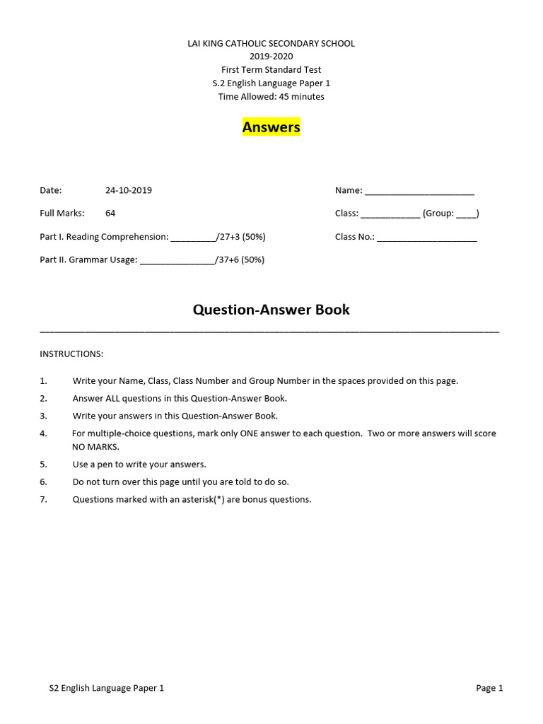 S2 English Language Test Paper 1 | PDF | Tea