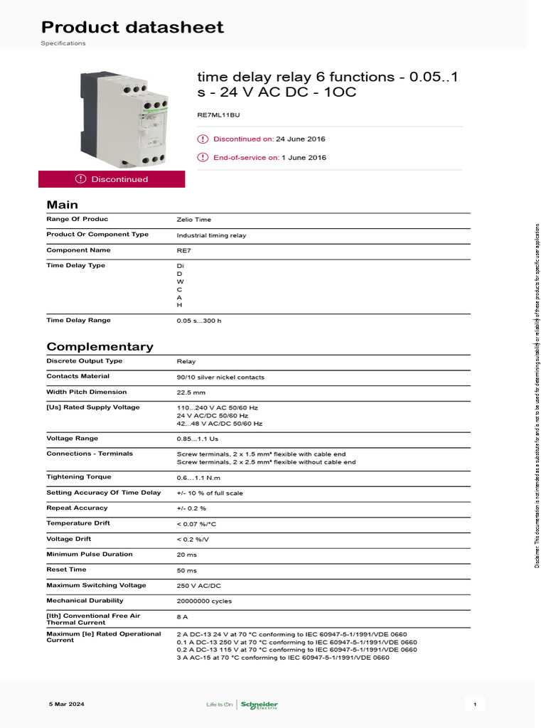 RE7ML11BU Time Delay Relay Overview | PDF | Alternating Current | Relay